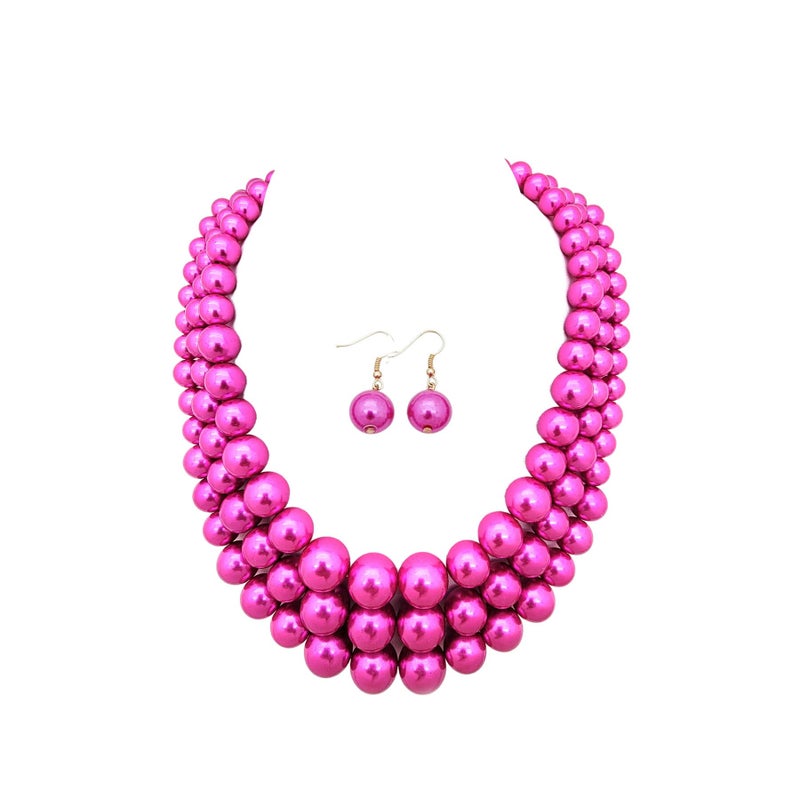 Fashion 21 Women's Faux Pearl Three Multi-Strand Statement Necklace and Earrings Set (Hot Pink) - Image 1